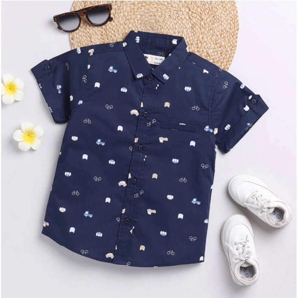 Boy's Cotton Blend Printed Short Sleeve Shirt and Shorts Set (Navy Blue)