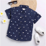 Boy's Cotton Blend Printed Short Sleeve Shirt and Shorts Set (Navy Blue)