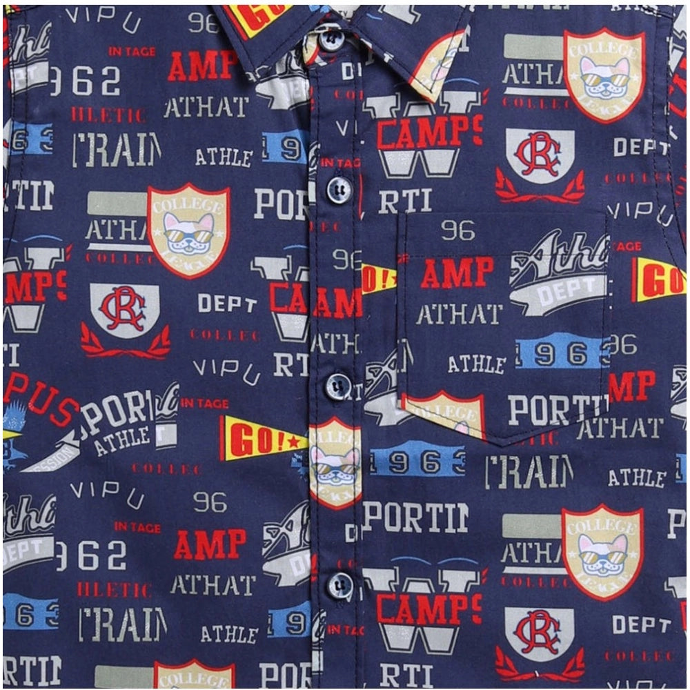 Boy's Cotton Blend Printed Short Sleeve Shirt (Navy Blue)