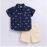 Boy's Cotton Blend Printed Short Sleeve Shirt and Shorts Set (Navy Blue)