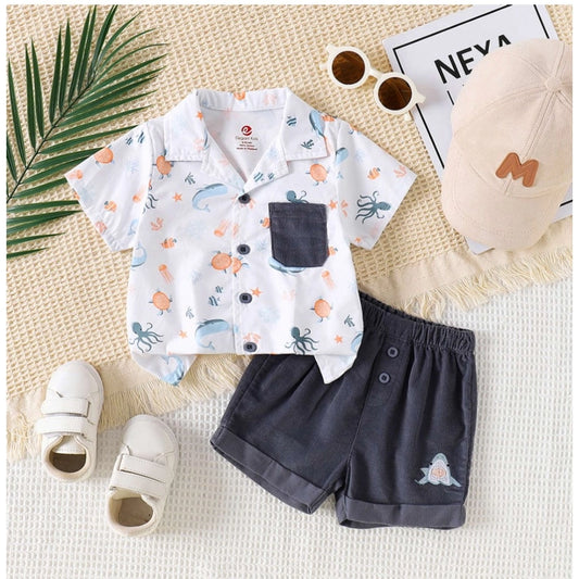 Boy's Lycra Blend Printed Short Sleeve Shirt and Shorts Set (MultiColor)