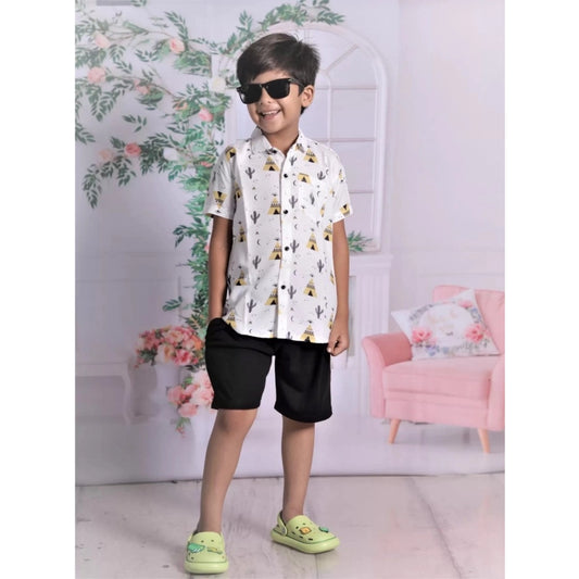 Boy's Cotton Blend Printed Short Sleeve Shirt and Shorts Set (White)
