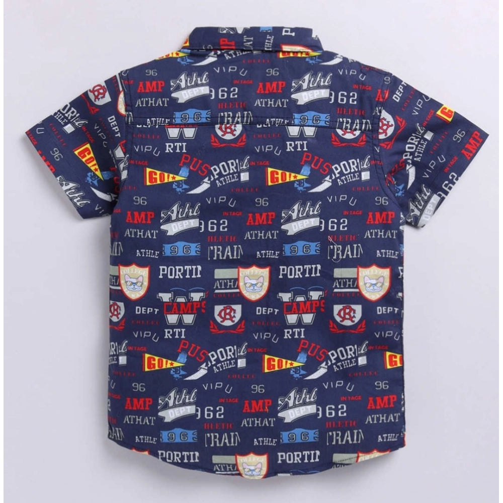Boy's Cotton Blend Printed Short Sleeve Shirt (Navy Blue)