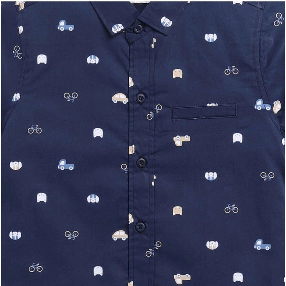 Boy's Cotton Blend Printed Short Sleeve Shirt (Navy Blue)