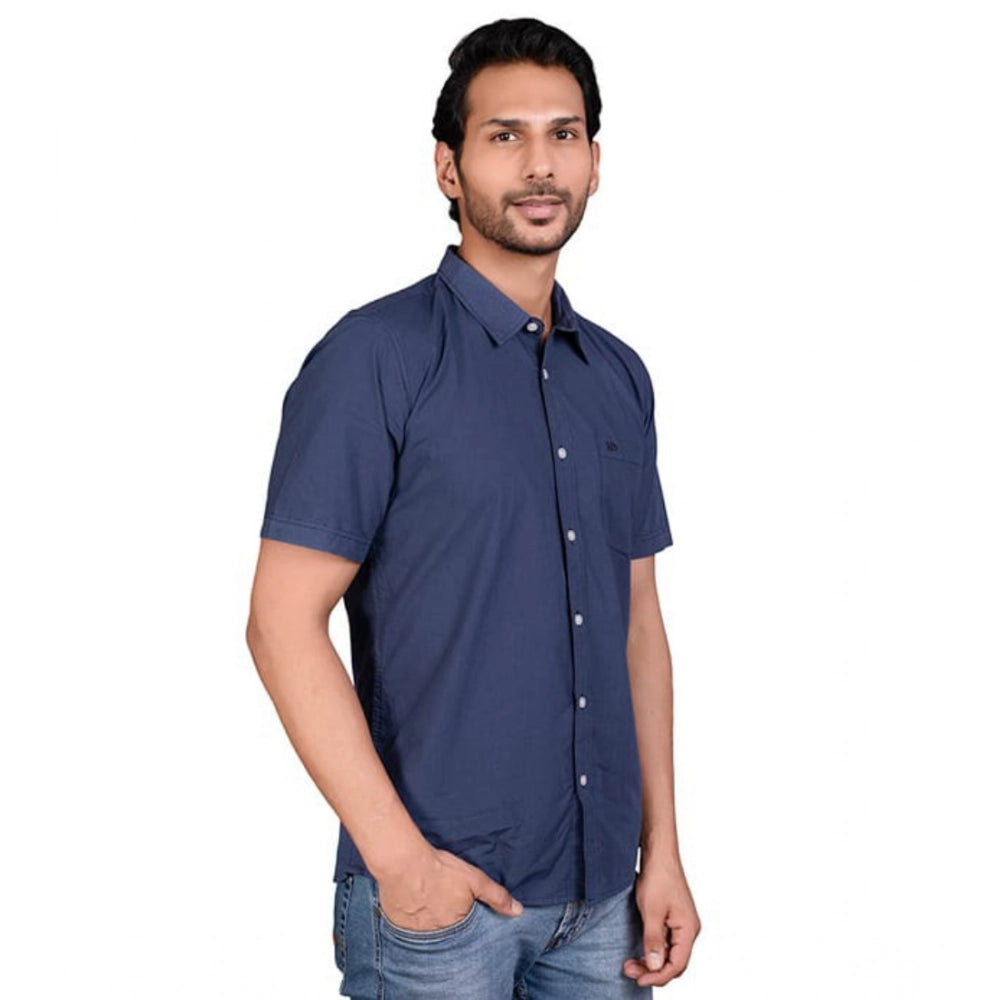 Men's Casual Cotton Half Sleeve Solid Shirt (Navy)