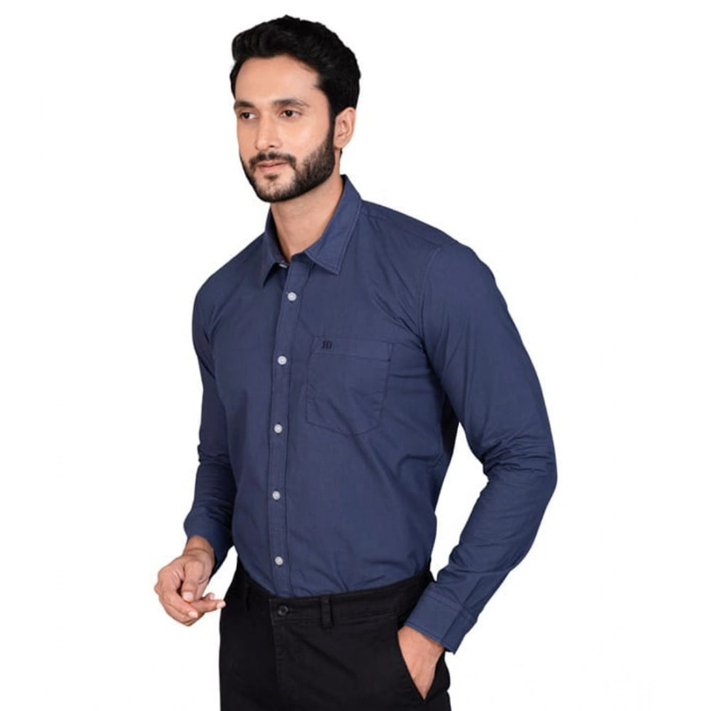 Men's Casual Cotton Full Sleeve Solid Shirt (Navy)