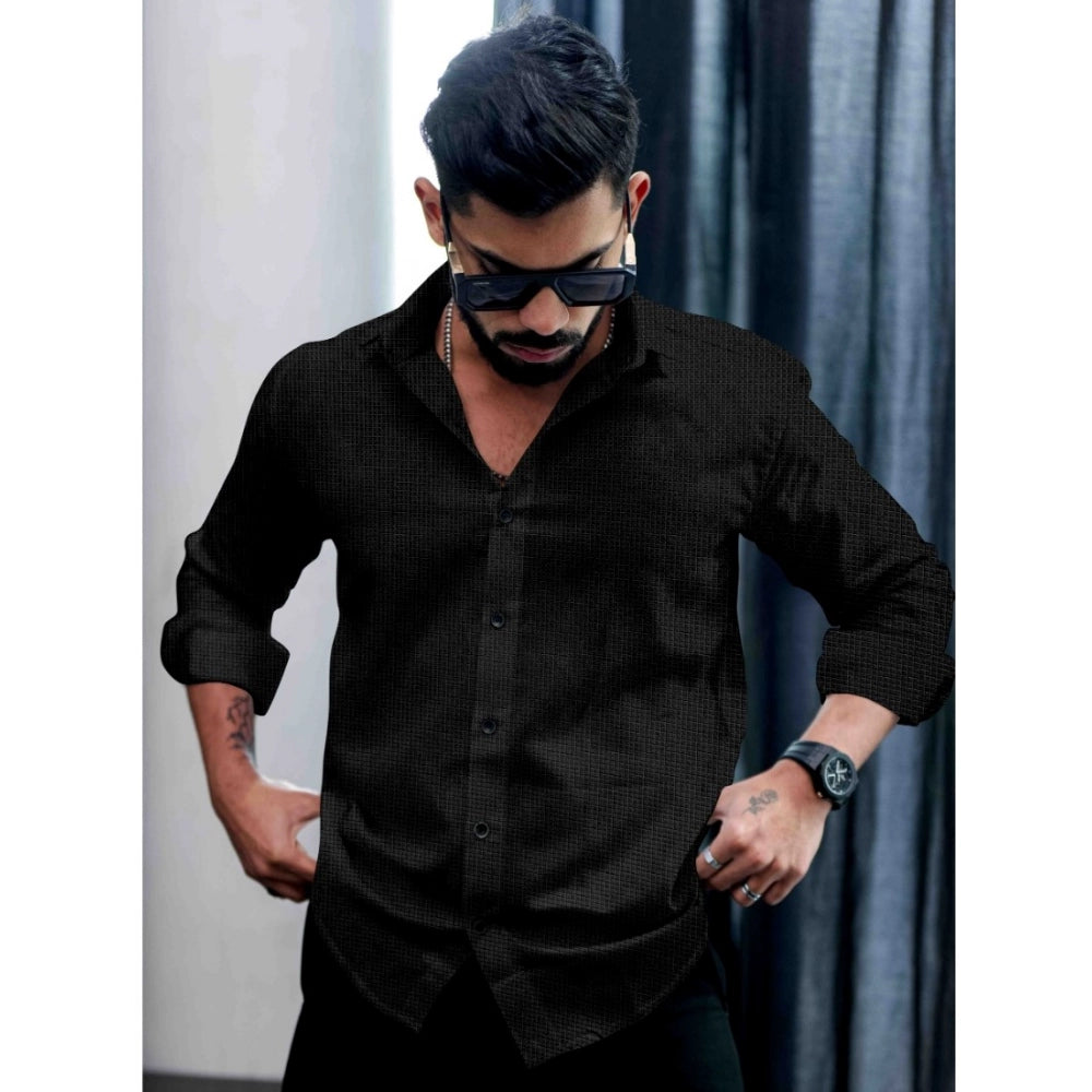 Men's Casual PollyCotton Textured Full Sleeve Collar Shirt (Black)