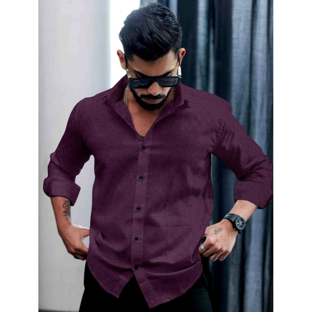 Men's Casual PollyCotton Self-design Full Sleeve Collar Shirt (Wine)