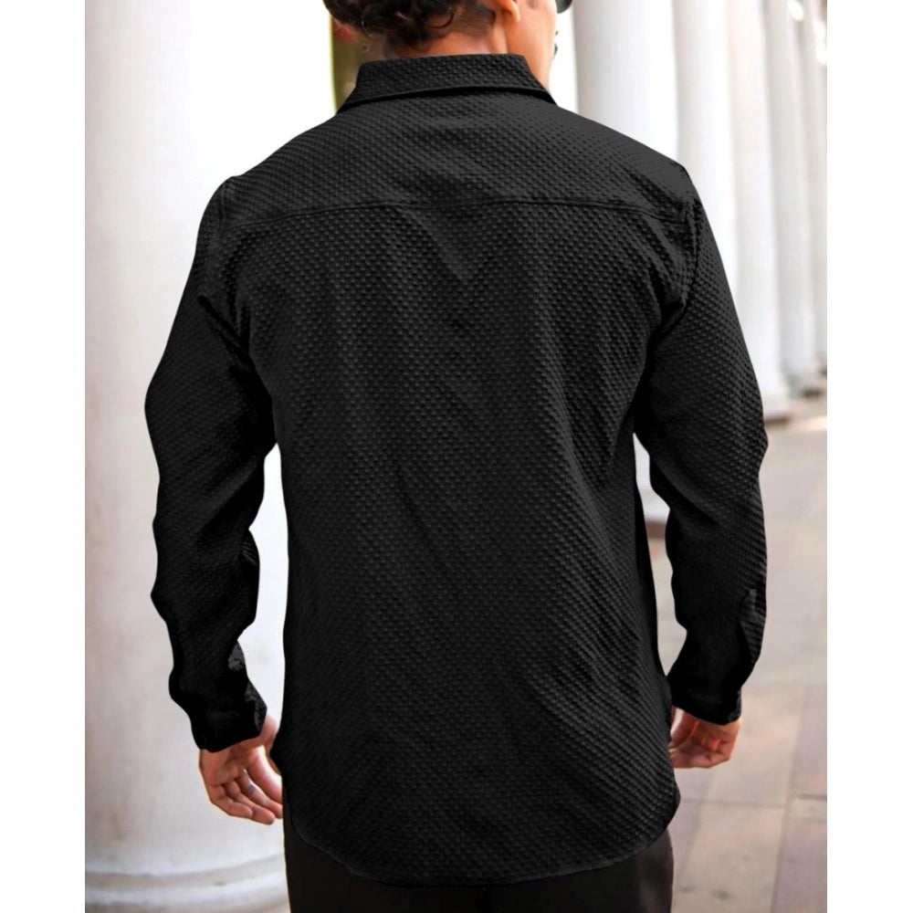 Men's Casual Popcorn Self-design Full Sleeve Collar Shirt (Black)