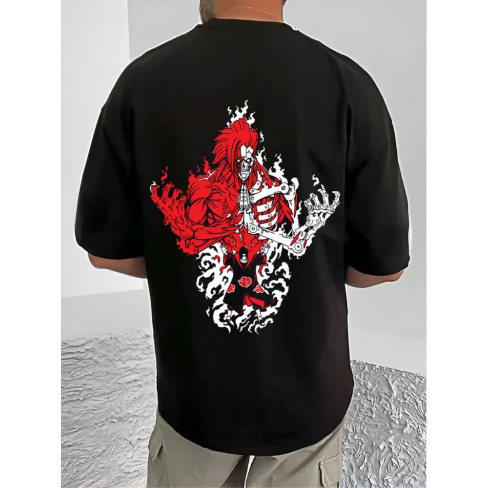 Men's Casual Cotton Blend Printed Round Neck Half Sleeve T-Shirt (Black)