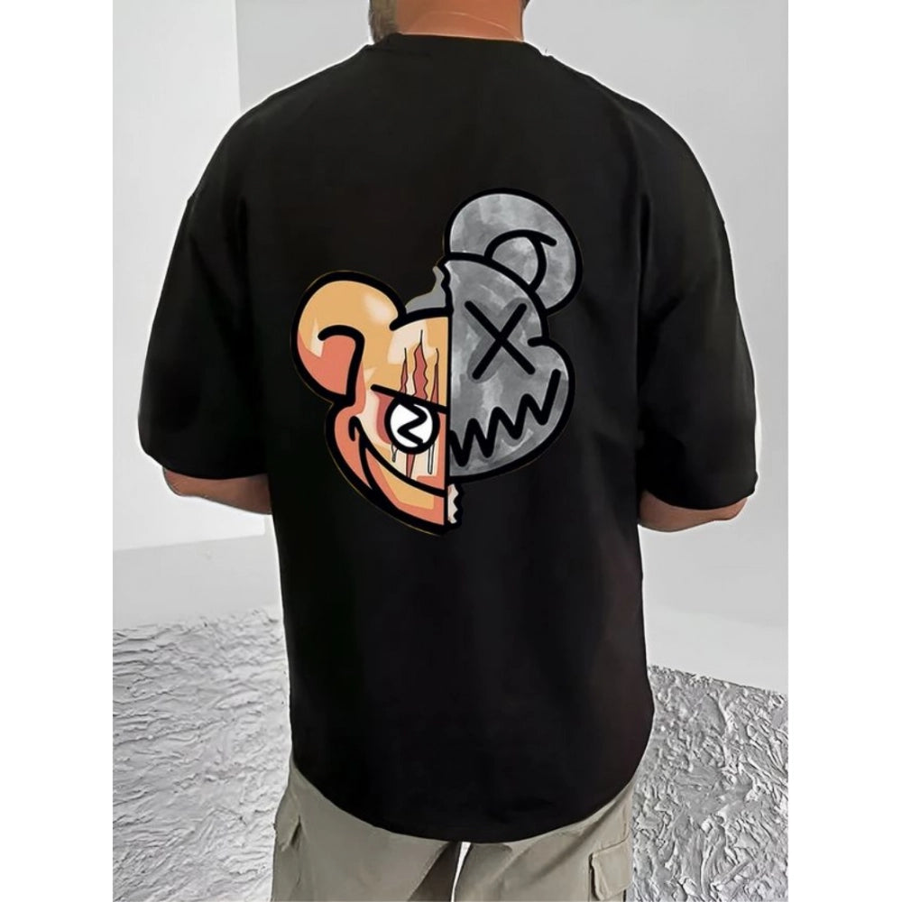 Men's Casual Cotton Blend Printed Round Neck Half Sleeve T-Shirt (Black)