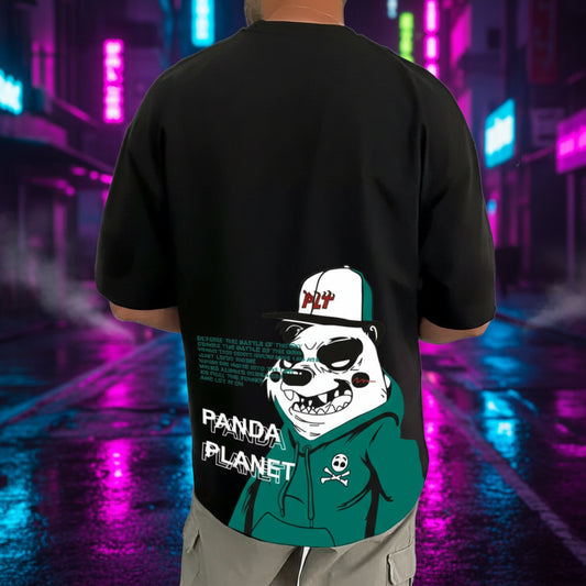 Men's Casual Cotton Blend Printed Round Neck Half Sleeve T-Shirt (Black)