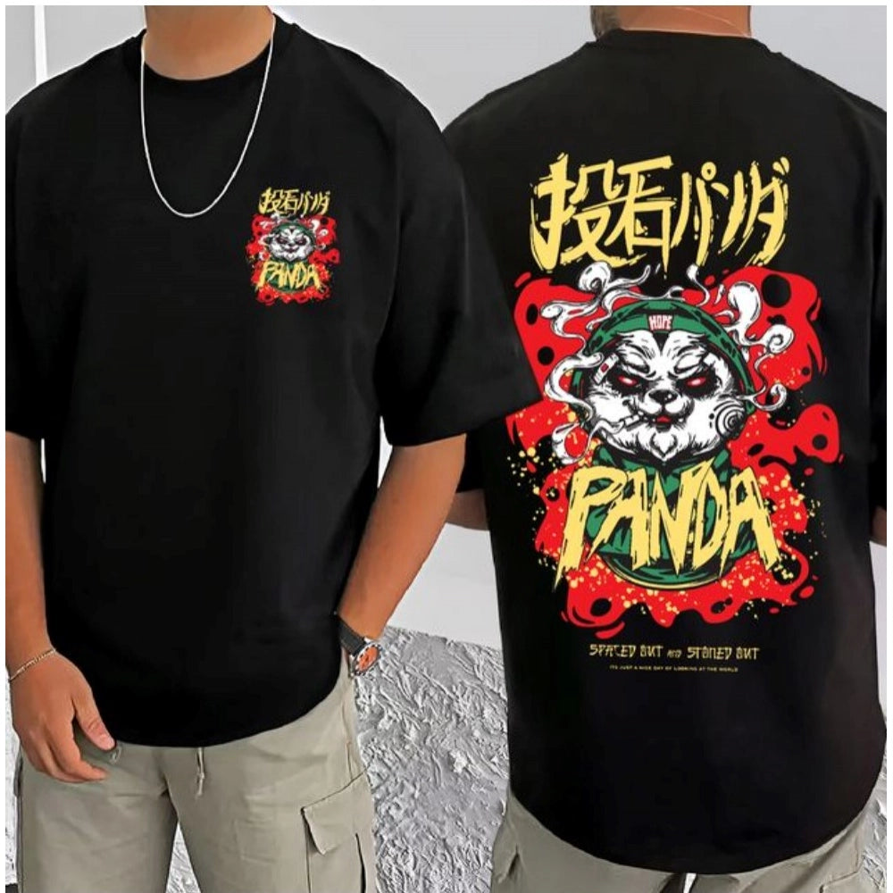 Men's Casual Cotton Blend Printed Round Neck Half Sleeve T-Shirt (Black)
