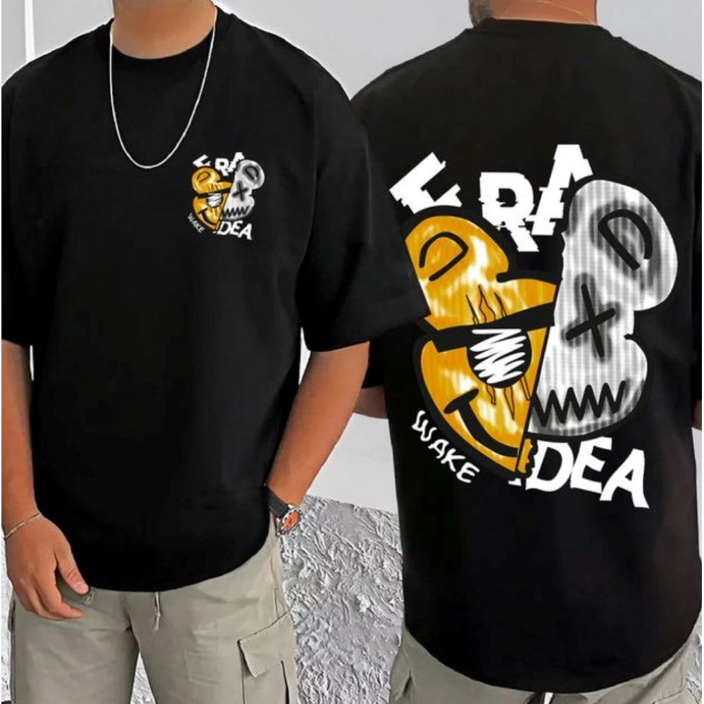 Men's Casual Cotton Blend Printed Round Neck Half Sleeve T-Shirt (Black)