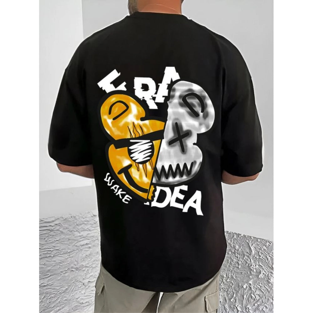 Men's Casual Cotton Blend Printed Round Neck Half Sleeve T-Shirt (Black)
