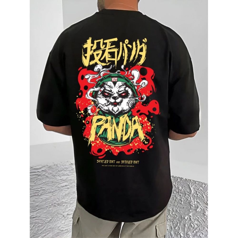 Men's Casual Cotton Blend Printed Round Neck Half Sleeve T-Shirt (Black)