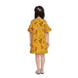 Girl's Polyester Crepe Floral Printed Long Sleeve Round Neck Dress (Yellow)
