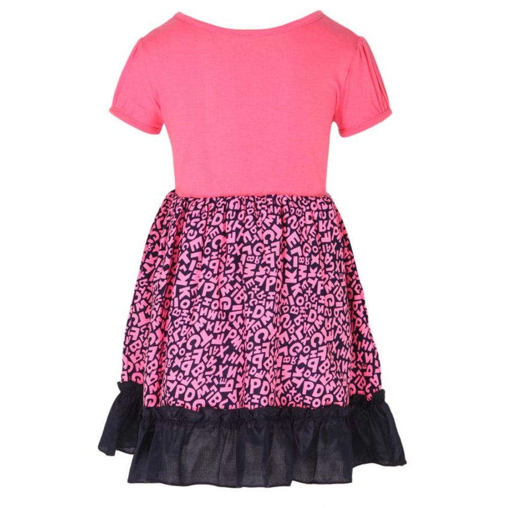 Girl's Polyester Crepe Embellished Short Sleeve Round Neck Dress (Pink)