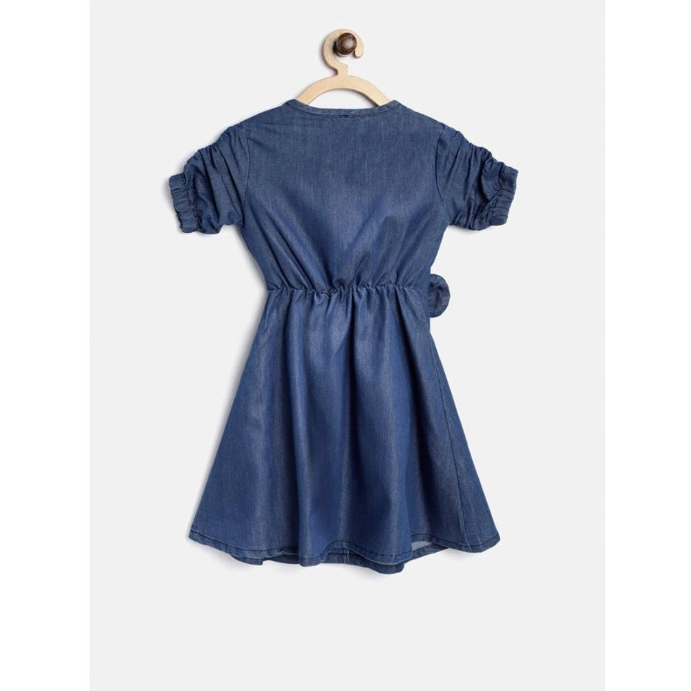Girl's Denim Striped Sleeveless Round Neck Dress (Blue)