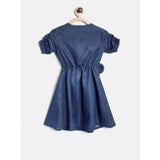 Girl's Denim Striped Sleeveless Round Neck Dress (Blue)