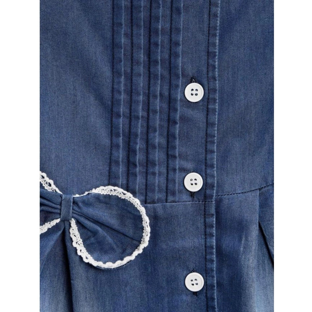 Girl's Denim Striped Sleeveless Round Neck Dress (Blue)
