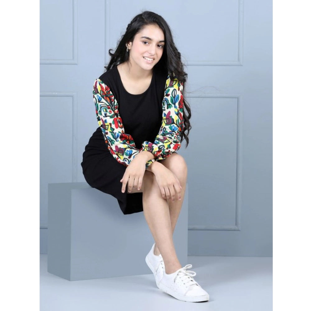 Girl's Polyester Printed Long Sleeve Round Neck Dress (Multicolor)