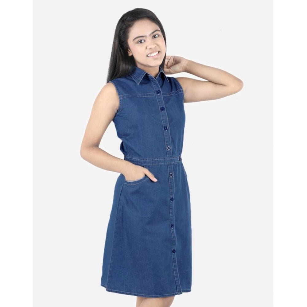 Girl's Denim Solid Sleeveless Shirt collar Dress (Blue)