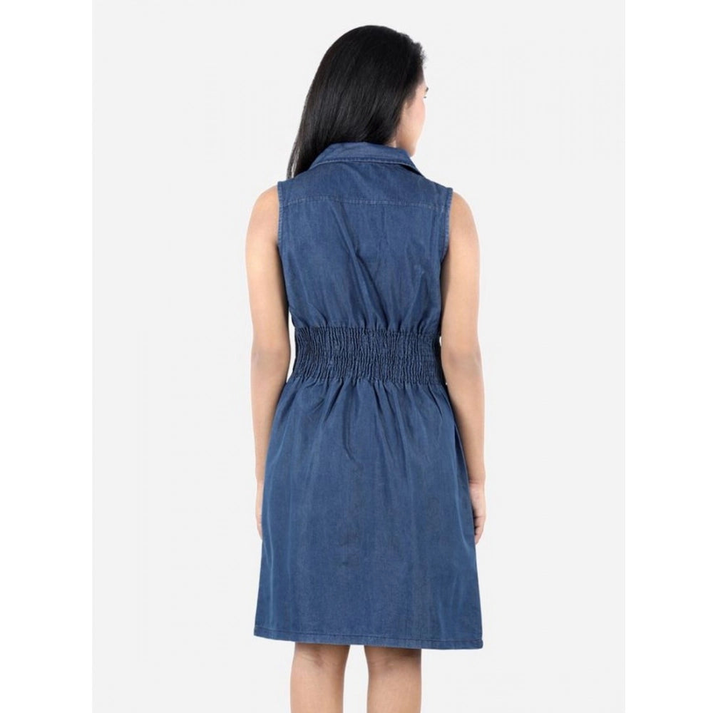 Girl's Denim Solid Sleeveless Shirt collar Dress (Blue)