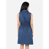 Girl's Denim Solid Sleeveless Shirt collar Dress (Blue)