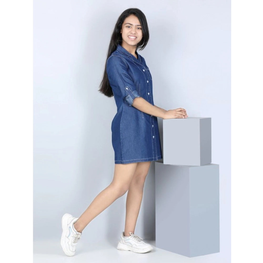 Girl's Denim Solid Long Sleeve Shirt collar Dress (Blue)