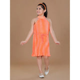 Girl's Polyester Crepe Printed Sleeveless Round Neck Dress (Orange)