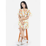 Girl's Polyester Printed Short Sleeve V-Neck Dress (Yellow-Orange)