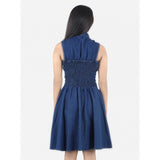 Girl's Denim Solid Sleeveless Shirt collar Dress (Blue)