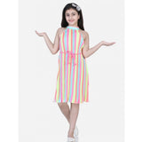 Girl's Polyester Crepe Striped Sleeveless Round Neck Dress (Multicolor)