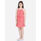Girl's Polyester Printed Short Sleeve Round Neck Dress (Orange)