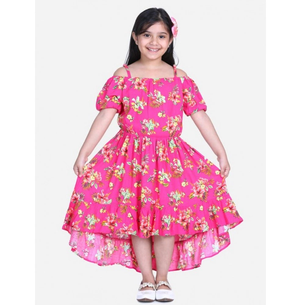 Girl's Rayon Solid Short Sleeve Shoulder Straps Dress (Pink)