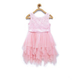 Girl's Polyester  Net Floral Printed Sleeveless Round Neck Dress (Light Pink)