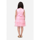Girl's Net Embellished Sleeveless Round Neck Dress (Pink)
