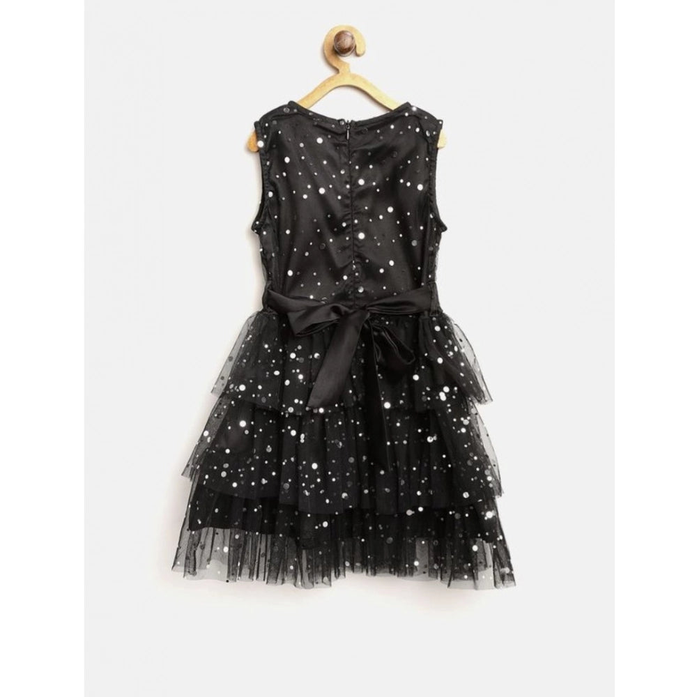 Girl's Net Embellished Sleeveless V-Neck Dress (Black)
