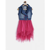 Girl's Polyester Crepe-Net Solid Shoulder Straps Shirt collar Dress (Blue-Pink)