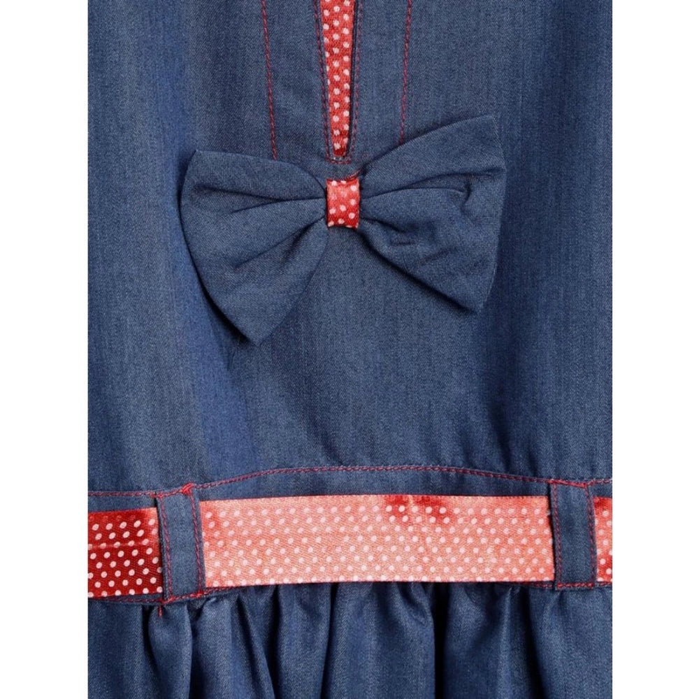Girl's Denim Solid Sleeveless Round Neck Dress (Blue)