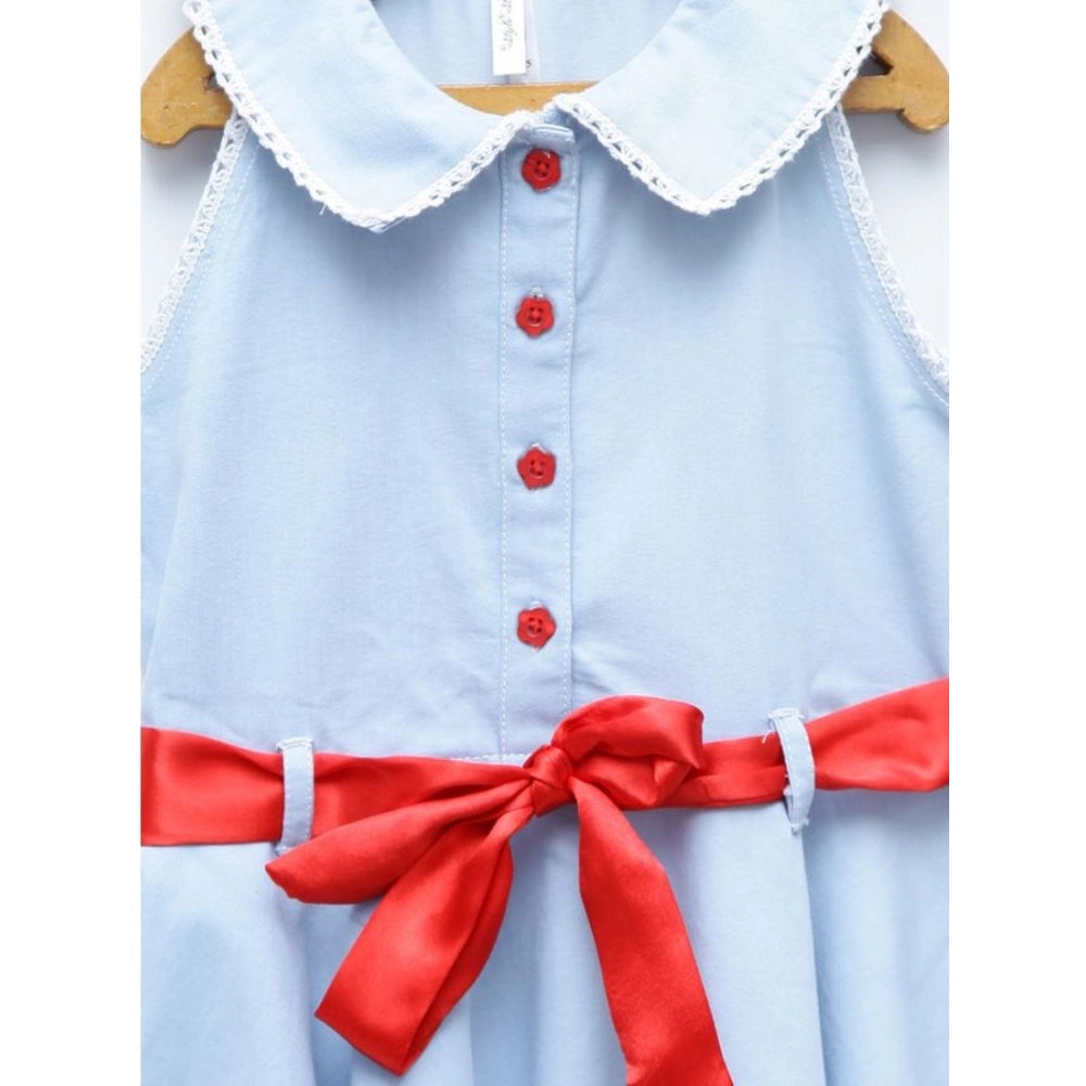 Girl's Denim Lace Solid Sleeveless Shirt collar Dress (Light Blue)