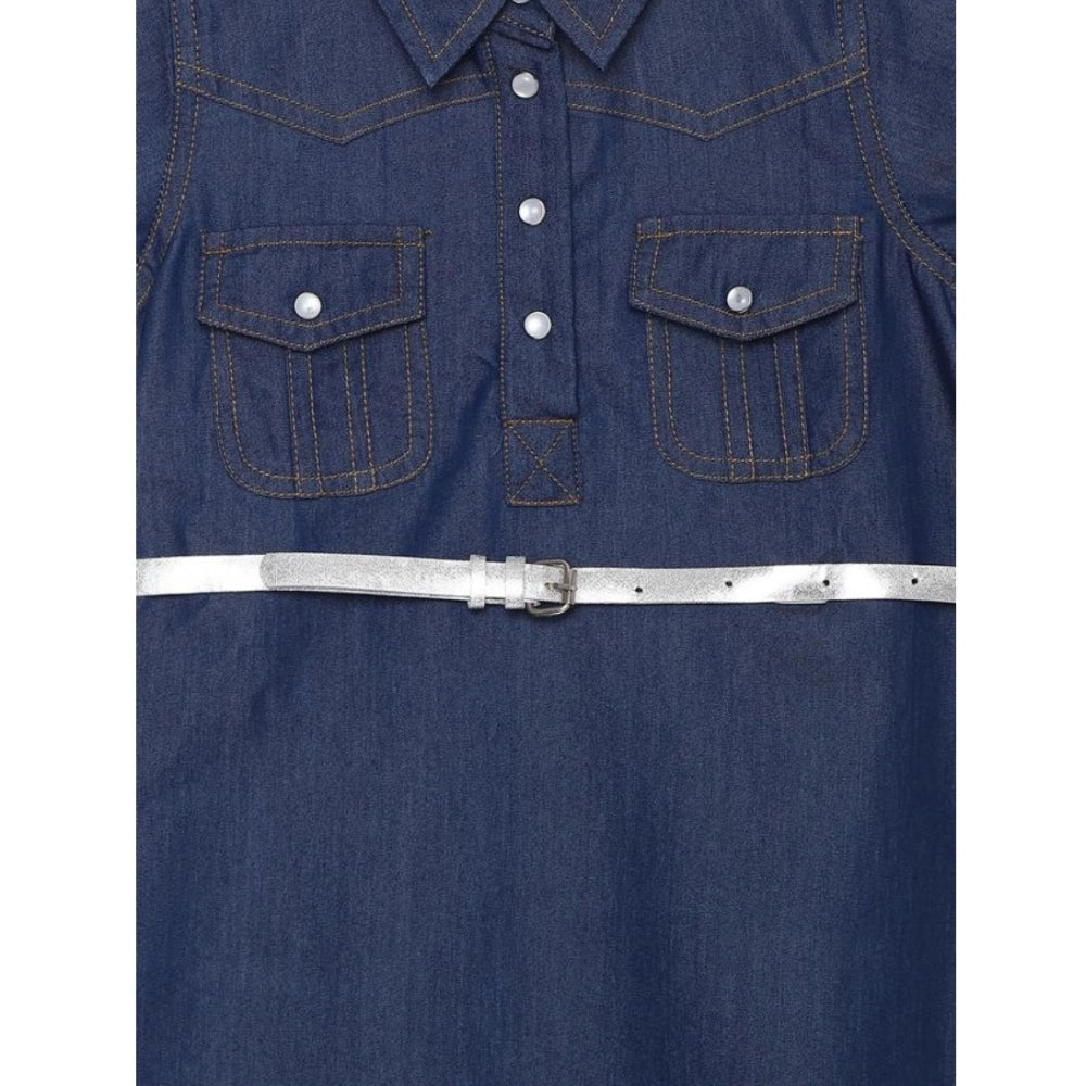 Girl's Denim Solid Short Sleeve Shirt collar Dress (Blue)