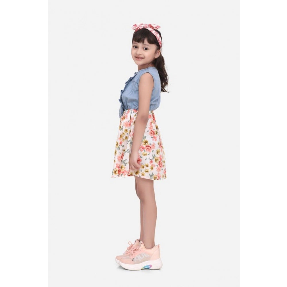 Girl's Denim-Cotton Floral Printed Sleeveless Round Neck Dress (Multicolor)