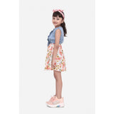 Girl's Denim-Cotton Floral Printed Sleeveless Round Neck Dress (Multicolor)