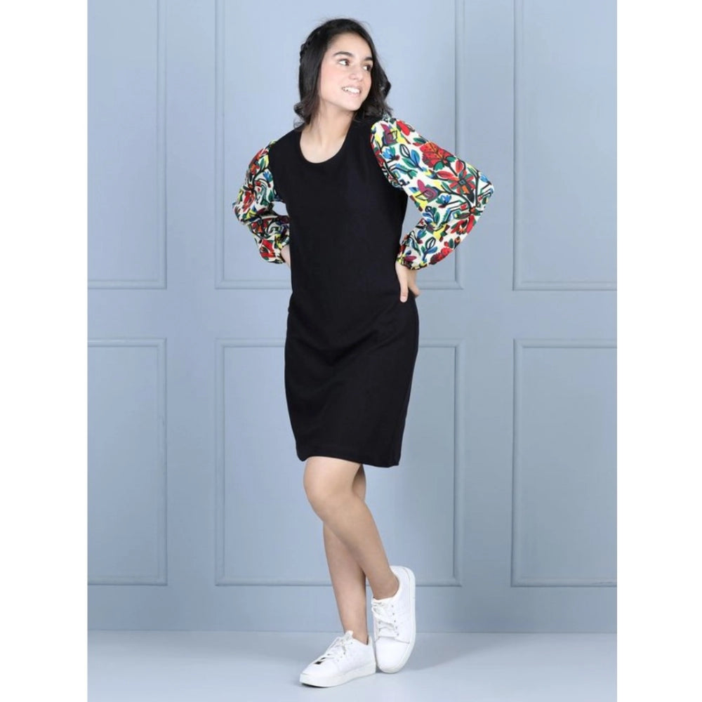 Girl's Polyester Printed Long Sleeve Round Neck Dress (Multicolor)