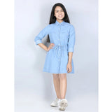 Girl's Denim Solid Long Sleeve Shirt collar Dress (Blue)