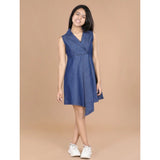 Girl's Denim Solid Sleeveless Shirt collar Dress (Blue)