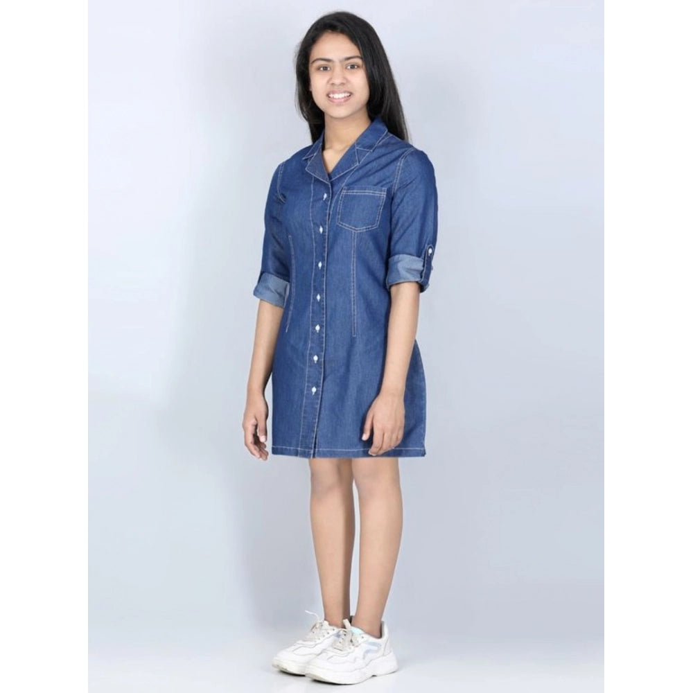Girl's Denim Solid Long Sleeve Shirt collar Dress (Blue)