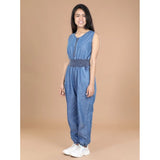 Girl's Denim Solid Shoulder Straps V-Neck Dress (Blue)